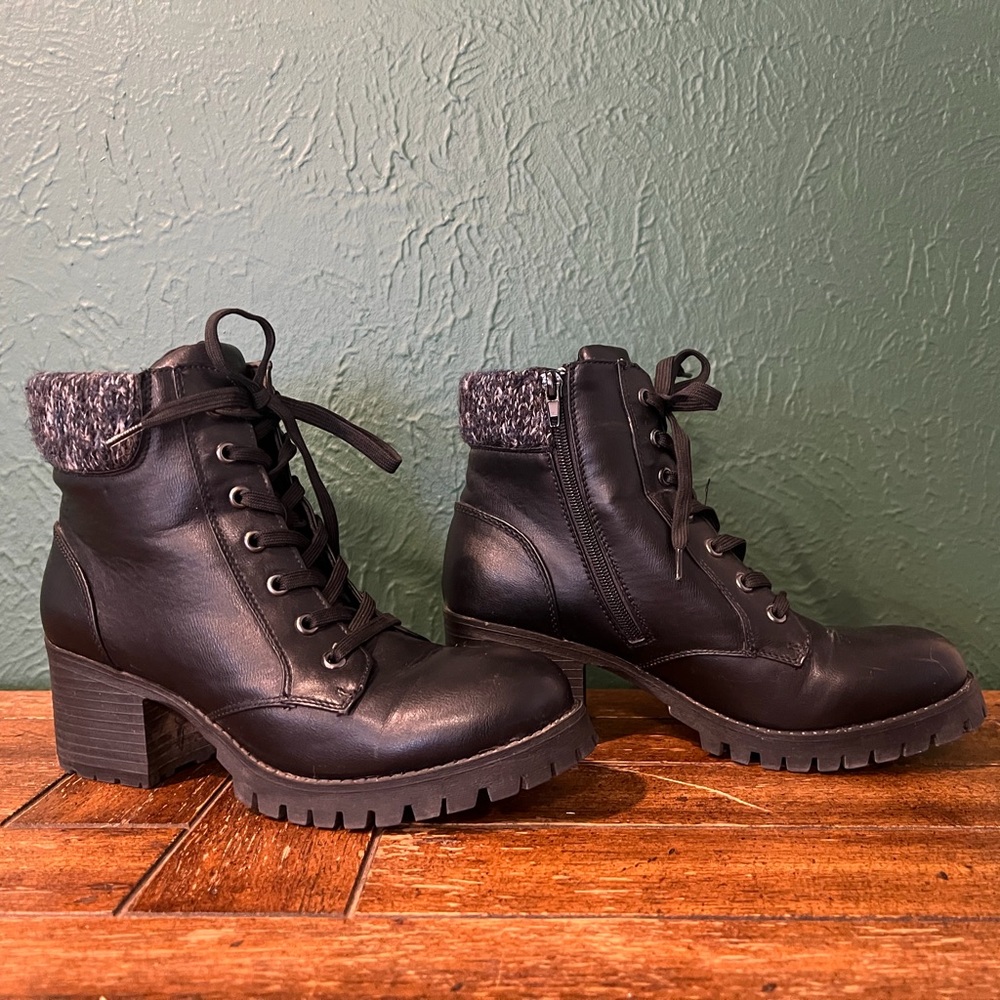 BAMBOO Black Ankle Boots with Knit Cuff